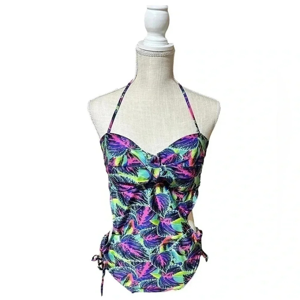 Top Model Y2K 2000s Multicolor Neon Tropical Adjustable Monokini Swimsuit Size L